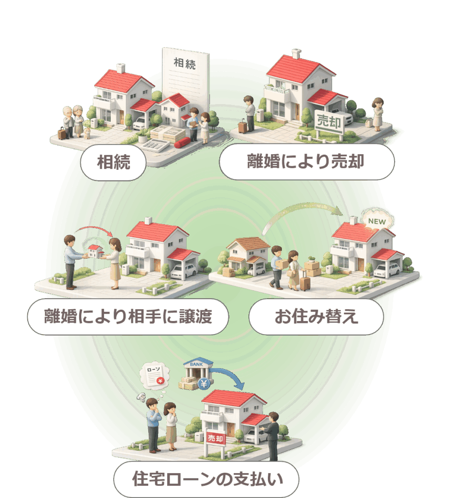 相続、離婚により売却、離婚により相手に譲渡、お住み替え、住宅ローンの支払い